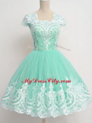 Sophisticated Apple Green A-line Lace Bridesmaids Dress Zipper Tulle Cap Sleeves Knee Length