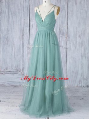 Lovely Floor Length Criss Cross Wedding Party Dress Green for Prom and Party and Wedding Party with Appliques