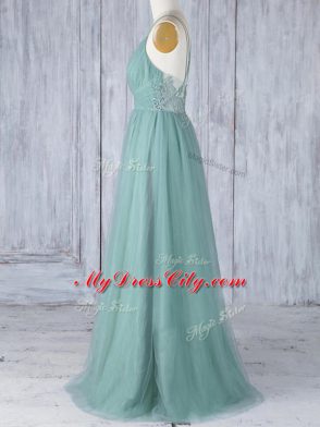 Lovely Floor Length Criss Cross Wedding Party Dress Green for Prom and Party and Wedding Party with Appliques
