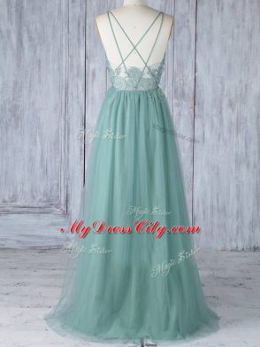 Lovely Floor Length Criss Cross Wedding Party Dress Green for Prom and Party and Wedding Party with Appliques
