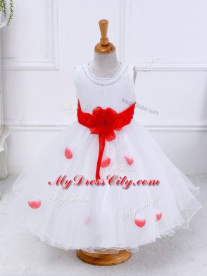 White Ball Gowns Tulle Scoop Sleeveless Hand Made Flower Tea Length Lace Up Kids Formal Wear