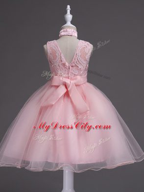 Customized Baby Pink Ball Gowns Scoop Sleeveless Tulle Knee Length Zipper Beading and Appliques Girls Pageant Dresses