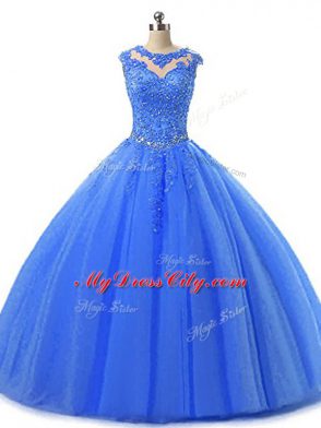 Best Scoop Sleeveless Lace Up Sweet 16 Dresses Blue Tulle