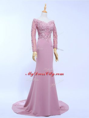 Free and Easy Lilac Off The Shoulder Neckline Lace and Appliques Mother of Bride Dresses Long Sleeves Zipper