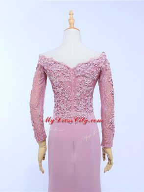 Free and Easy Lilac Off The Shoulder Neckline Lace and Appliques Mother of Bride Dresses Long Sleeves Zipper