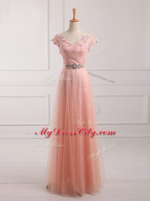 Cheap Tulle and Lace Short Sleeves Floor Length Mother of the Bride Dress and Beading and Lace and Appliques