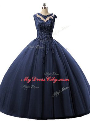 Navy Blue Lace Up Ball Gown Prom Dress Beading and Lace Sleeveless Floor Length