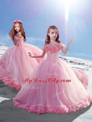 Sleeveless Hand Made Flower Lace Up Child Pageant Dress with Baby Pink Court Train
