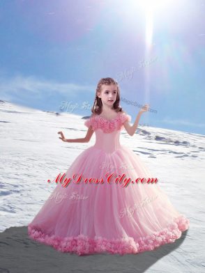 Sleeveless Hand Made Flower Lace Up Child Pageant Dress with Baby Pink Court Train