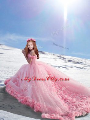 Sleeveless Hand Made Flower Lace Up Child Pageant Dress with Baby Pink Court Train