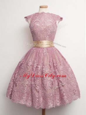 Knee Length Ball Gowns Cap Sleeves Peach Bridesmaid Gown Lace Up