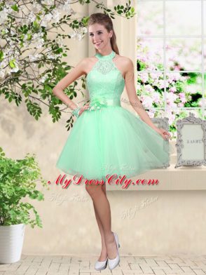 High End Knee Length A-line Sleeveless Apple Green Bridesmaid Gown Lace Up