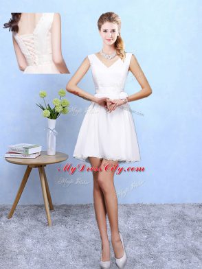 White A-line V-neck Sleeveless Chiffon Mini Length Lace Up Lace Damas Dress