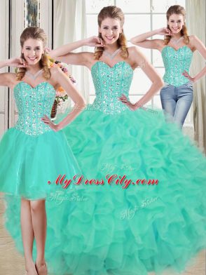 Sweetheart Sleeveless 15th Birthday Dress Brush Train Beading and Ruffled Layers Turquoise Organza