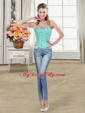 Sweetheart Sleeveless 15th Birthday Dress Brush Train Beading and Ruffled Layers Turquoise Organza