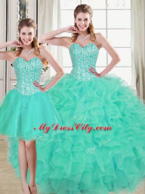 Sweetheart Sleeveless 15th Birthday Dress Brush Train Beading and Ruffled Layers Turquoise Organza