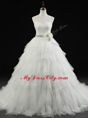 Fabulous Sleeveless Beading and Ruffles and Hand Made Flower Lace Up Wedding Dresses with White Brush Train