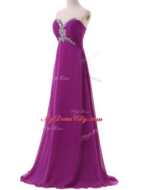 Ideal Sweetheart Sleeveless Dress for Prom Brush Train Beading and Ruching Eggplant Purple Chiffon