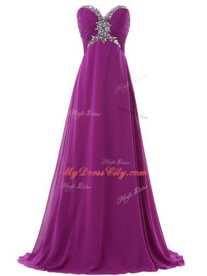 Ideal Sweetheart Sleeveless Dress for Prom Brush Train Beading and Ruching Eggplant Purple Chiffon