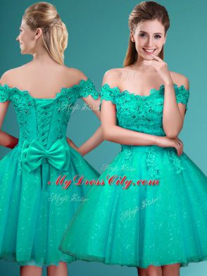 Custom Design Turquoise Cap Sleeves Knee Length Lace and Belt Lace Up Wedding Guest Dresses