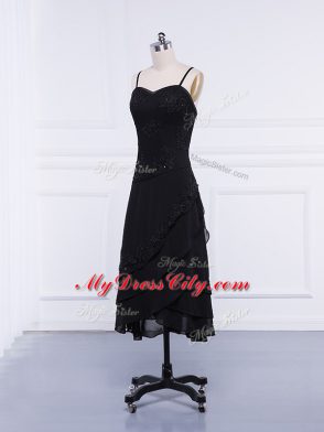 Fitting Column/Sheath Mother of Bride Dresses Black Straps Chiffon Sleeveless Tea Length Zipper