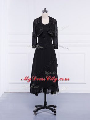Fitting Column/Sheath Mother of Bride Dresses Black Straps Chiffon Sleeveless Tea Length Zipper