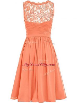 Watermelon Red Empire Lace and Ruching Quinceanera Court of Honor Dress Side Zipper Chiffon Sleeveless Knee Length