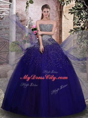 Strapless Sleeveless Lace Up Sweet 16 Quinceanera Dress Royal Blue Tulle
