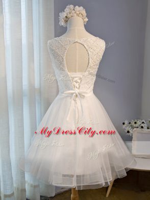 Scoop Sleeveless Lace Up Prom Party Dress White Tulle
