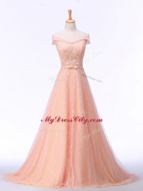 Elegant Peach Lace Up Evening Outfits Beading and Lace and Belt Sleeveless Brush Train