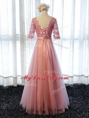 Pink Empire Tulle Scoop Half Sleeves Lace Floor Length Lace Up Quinceanera Court Dresses