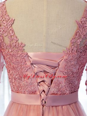 Pink Empire Tulle Scoop Half Sleeves Lace Floor Length Lace Up Quinceanera Court Dresses