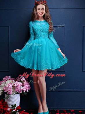 3 4 Length Sleeve Mini Length Beading and Lace and Appliques Lace Up Dama Dress with Aqua Blue
