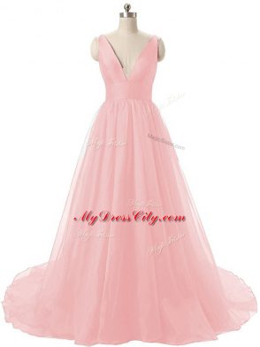 New Style V-neck Sleeveless Brush Train Zipper Baby Pink Organza