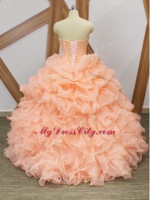 Ideal Peach Sleeveless Organza Sweep Train Lace Up Sweet 16 Quinceanera Dress for Prom and Party and Military Ball and Sweet 16 and Quinceanera
