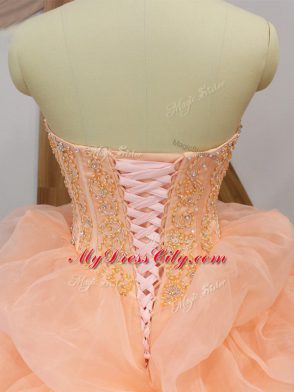 Ideal Peach Sleeveless Organza Sweep Train Lace Up Sweet 16 Quinceanera Dress for Prom and Party and Military Ball and Sweet 16 and Quinceanera