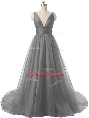 Amazing V-neck Sleeveless Brush Train Ruching Grey Organza