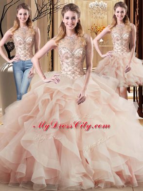Sophisticated Sleeveless Brush Train Beading and Ruffles Lace Up 15 Quinceanera Dress
