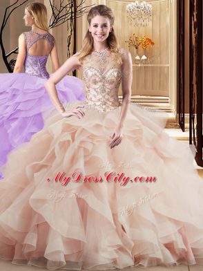 Sophisticated Sleeveless Brush Train Beading and Ruffles Lace Up 15 Quinceanera Dress