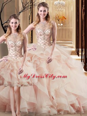 Sophisticated Sleeveless Brush Train Beading and Ruffles Lace Up 15 Quinceanera Dress