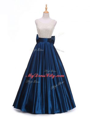 Floor Length Navy Blue Evening Dress Taffeta Sleeveless Beading and Bowknot