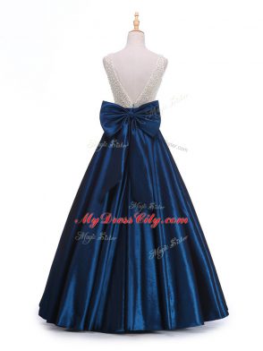 Floor Length Navy Blue Evening Dress Taffeta Sleeveless Beading and Bowknot