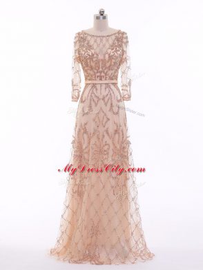 Fabulous Peach Scoop Neckline Beading Juniors Evening Dress Long Sleeves Zipper
