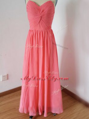 Watermelon Red Empire Chiffon Sweetheart Sleeveless Ruching Floor Length Zipper Bridesmaids Dress