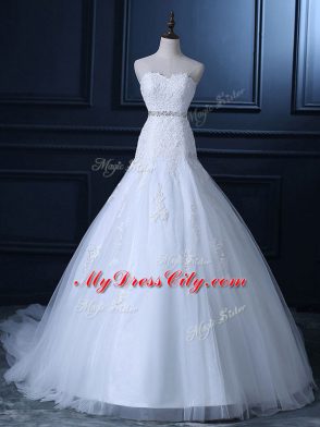 Comfortable Mermaid Sleeveless White Wedding Gown Court Train Lace Up