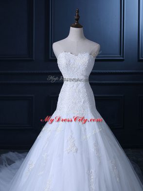 Comfortable Mermaid Sleeveless White Wedding Gown Court Train Lace Up