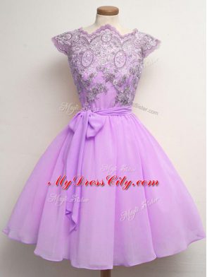 Chiffon Scalloped Cap Sleeves Lace Up Lace and Belt Bridesmaid Gown in Lilac