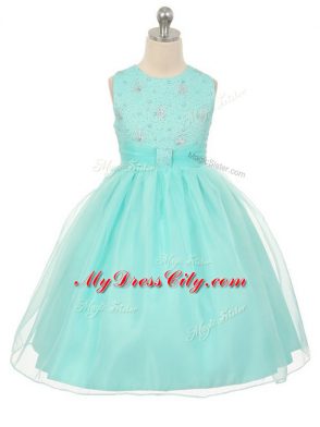 Sleeveless Tulle Knee Length Lace Up Party Dresses in Apple Green with Beading