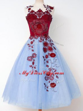Spectacular Knee Length Blue Court Dresses for Sweet 16 Tulle Sleeveless Appliques