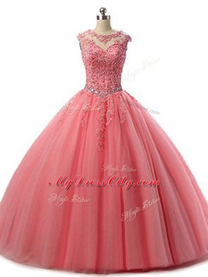 Beauteous Watermelon Red Tulle Lace Up Scoop Sleeveless Floor Length Ball Gown Prom Dress Beading and Lace